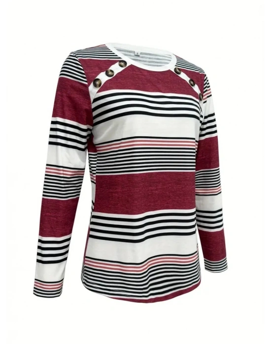 Kadın Uzun Kollu Bisiklet Yaka Düğme Detaylı Desenli Süprem Bluz