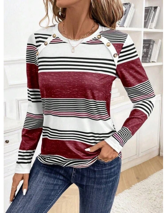 Kadın Uzun Kollu Bisiklet Yaka Düğme Detaylı Desenli Süprem Bluz