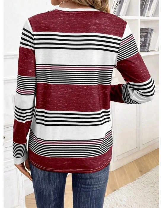 Kadın Uzun Kollu Bisiklet Yaka Düğme Detaylı Desenli Süprem Bluz