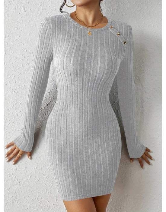 Kadın Uzun Kollu Bisiklet Yaka Düğmeli Kısa şardonlu Kaşkorse Elbise