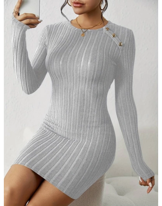 Kadın Uzun Kollu Bisiklet Yaka Düğmeli Kısa şardonlu Kaşkorse Elbise