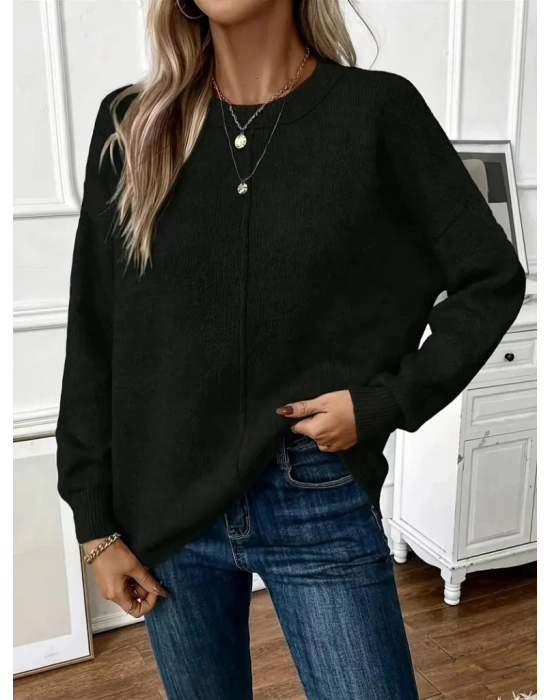 Kadın Uzun Kollu Bisiklet Yaka Düşük Omuz Detaylı Triko Bluz