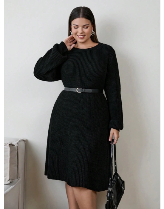 Kadın Uzun Kollu Bisiklet Yaka Eteği Kloş Triko Elbise