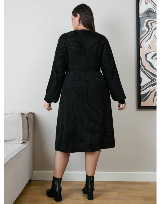 Kadın Uzun Kollu Bisiklet Yaka Eteği Kloş Triko Elbise