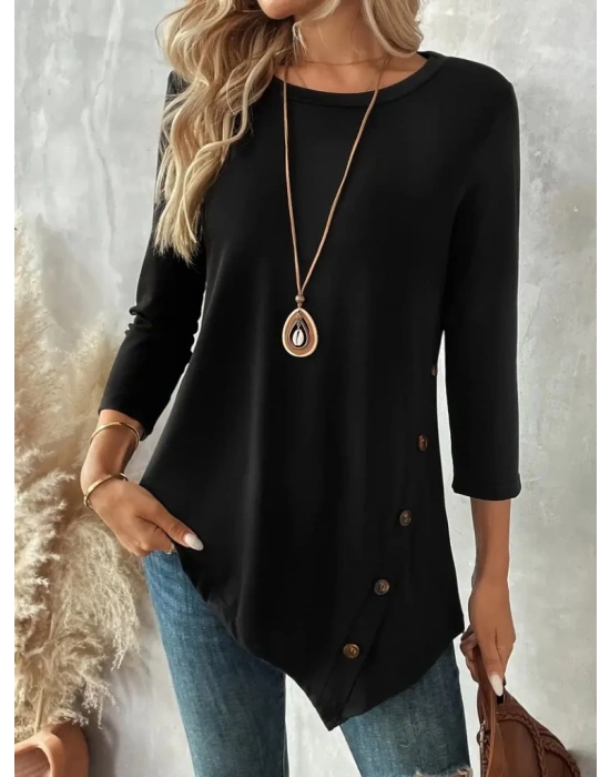 Kadın Uzun Kollu Bisiklet Yaka Etek Ucu Asimetrik Kesim Düğme Detaylı Viskon Bluz