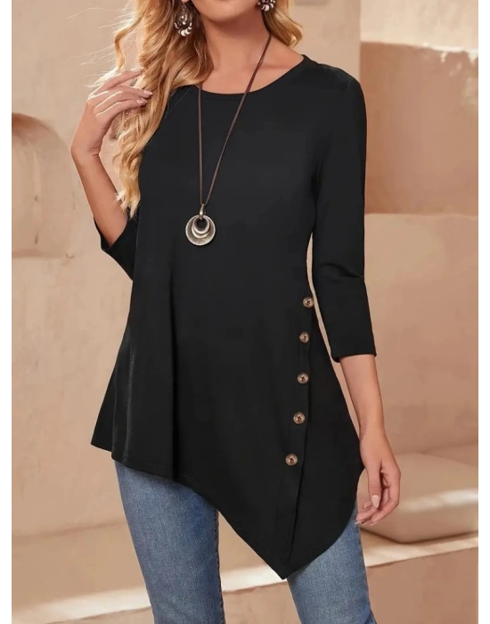 Kadın Uzun Kollu Bisiklet Yaka Etek Ucu Asimetrik Kesim Düğme Detaylı Viskon Bluz