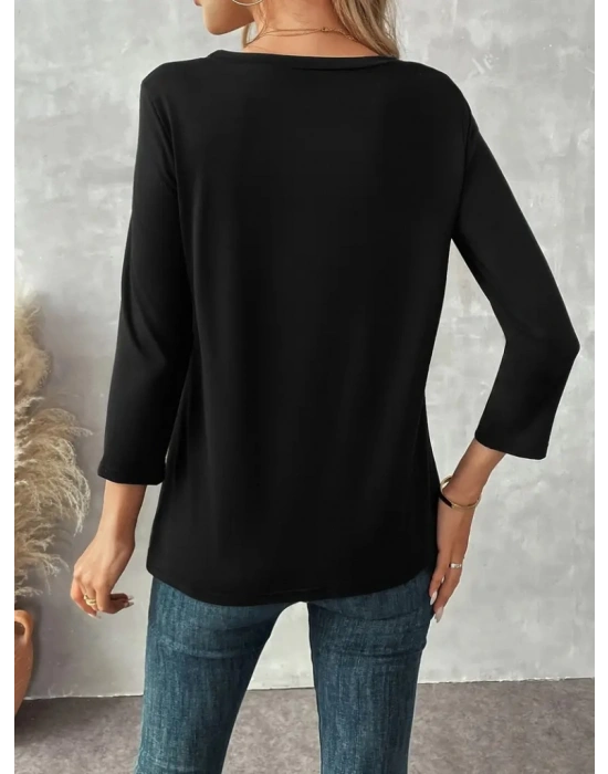 Kadın Uzun Kollu Bisiklet Yaka Etek Ucu Asimetrik Kesim Düğme Detaylı Viskon Bluz