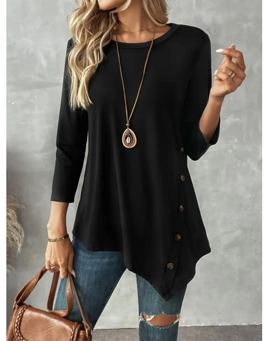 Kadın Uzun Kollu Bisiklet Yaka Etek Ucu Asimetrik Kesim Düğme Detaylı Viskon Bluz