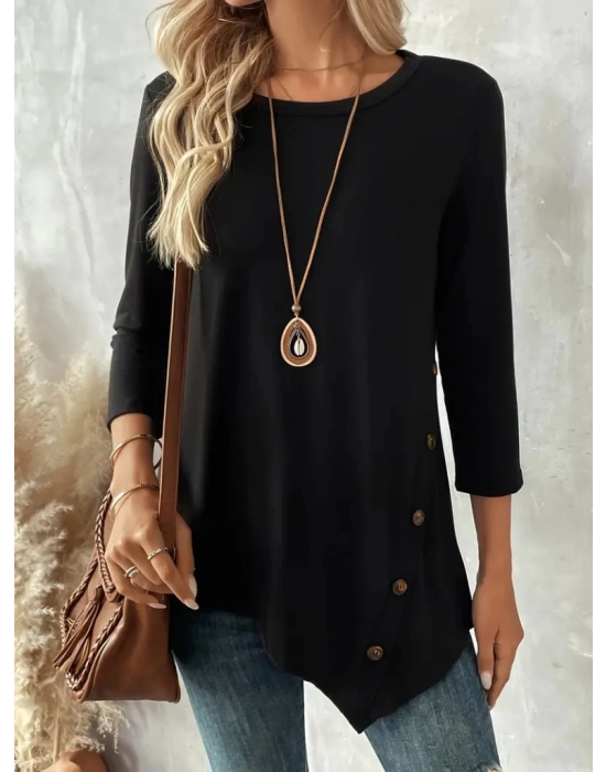 Kadın Uzun Kollu Bisiklet Yaka Etek Ucu Asimetrik Kesim Düğme Detaylı Viskon Bluz