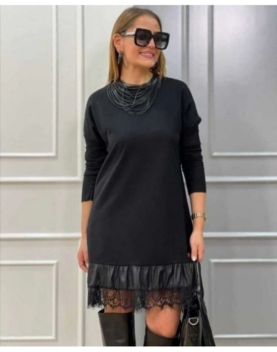 Kadın Uzun Kollu Bisiklet Yaka Etek Ucu Deri Dantelli Viskon Iki Iplik Midi Elbise