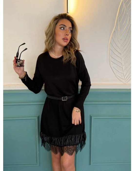 Kadın Uzun Kollu Bisiklet Yaka Etek Ucu Deri Ve Tül Detay Iki Iplik Mini Boy Elbise