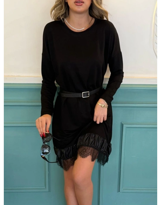 Kadın Uzun Kollu Bisiklet Yaka Etek Ucu Deri Ve Tül Detay Iki Iplik Mini Boy Elbise