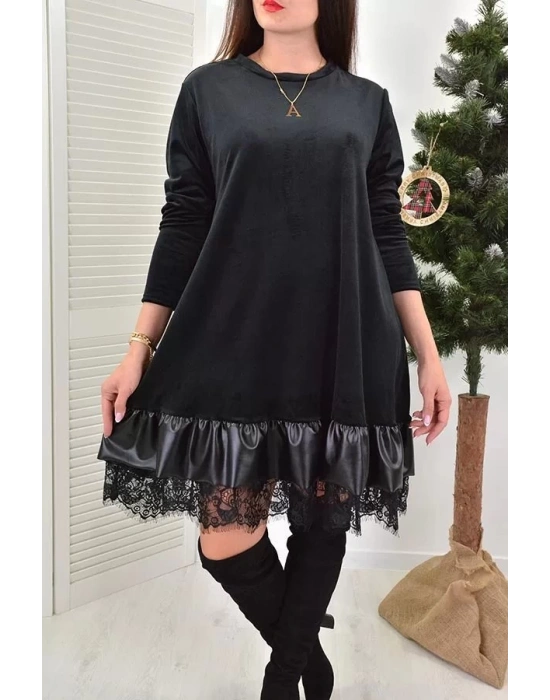 Kadın Uzun Kollu Bisiklet Yaka Etek Ucu Deri Ve Tül Detay Iki Iplik Mini Boy Elbise