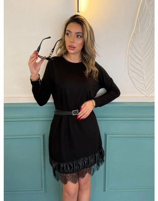 Kadın Uzun Kollu Bisiklet Yaka Etek Ucu Deri Ve Tül Detay Iki Iplik Mini Boy Elbise