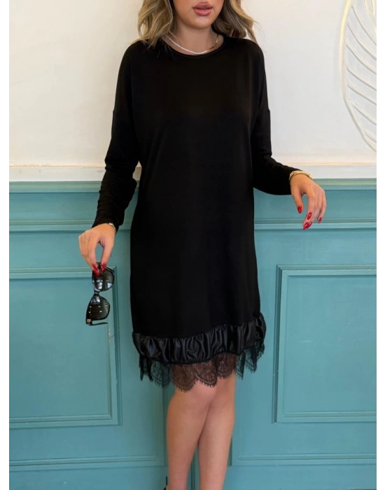 Kadın Uzun Kollu Bisiklet Yaka Etek Ucu Deri Ve Tül Detay Iki Iplik Mini Boy Elbise