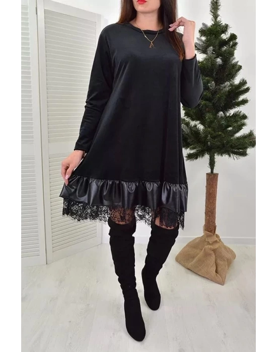 Kadın Uzun Kollu Bisiklet Yaka Etek Ucu Deri Ve Tül Detay Iki Iplik Mini Boy Elbise