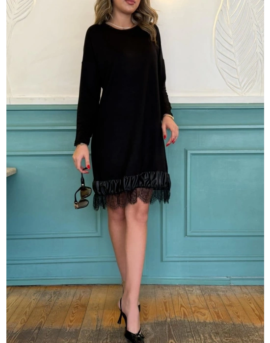 Kadın Uzun Kollu Bisiklet Yaka Etek Ucu Deri Ve Tül Detay Iki Iplik Mini Boy Elbise