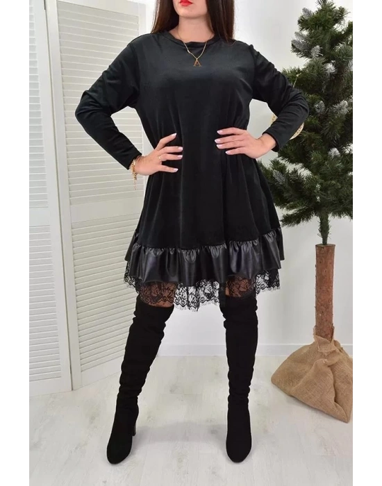 Kadın Uzun Kollu Bisiklet Yaka Etek Ucu Deri Ve Tül Detay Iki Iplik Mini Boy Elbise