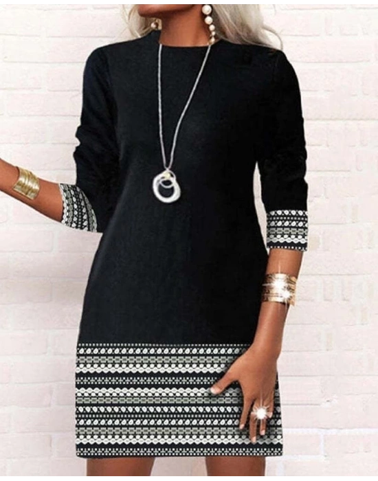 Kadın Uzun Kollu Bisiklet Yaka Etnik Desenli Detaylı Iki Iplik Elbise