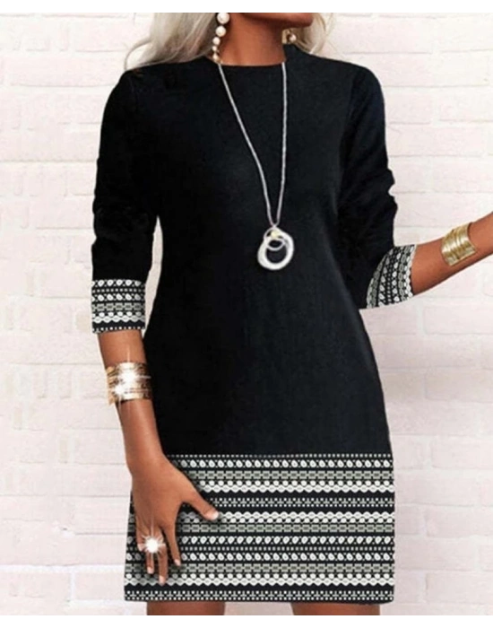 Kadın Uzun Kollu Bisiklet Yaka Etnik Desenli Detaylı Iki Iplik Elbise