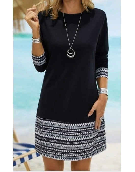 Kadın Uzun Kollu Bisiklet Yaka Etnik Desenli Detaylı Iki Iplik Elbise