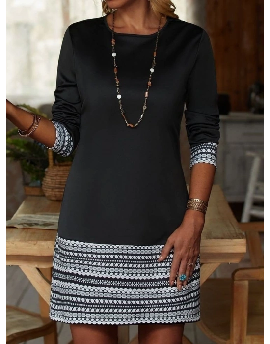 Kadın Uzun Kollu Bisiklet Yaka Etnik Desenli Detaylı Iki Iplik Elbise