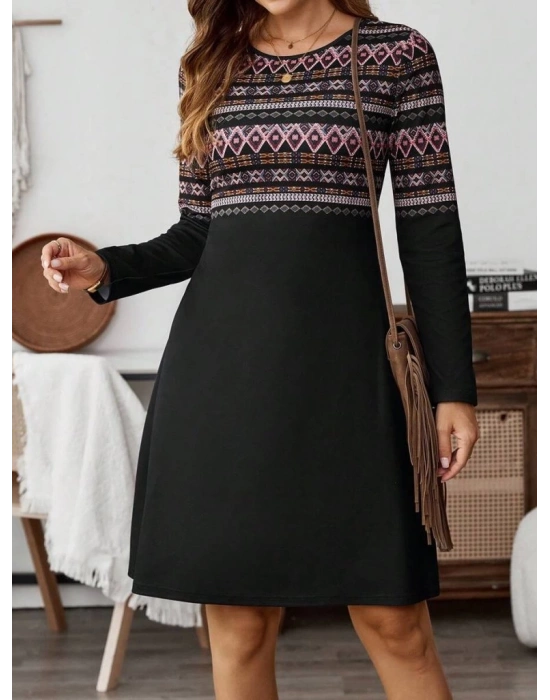 Kadın Uzun Kollu Bisiklet Yaka Etnik Desenli Kısa şardonlu Dalgıç Elbise