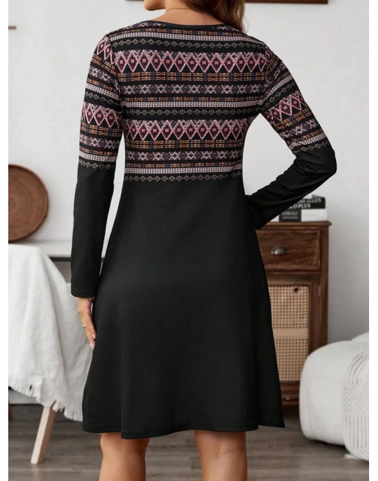 Kadın Uzun Kollu Bisiklet Yaka Etnik Desenli Kısa şardonlu Dalgıç Elbise