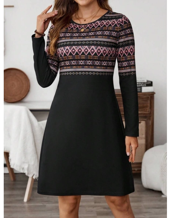 Kadın Uzun Kollu Bisiklet Yaka Etnik Desenli Kısa şardonlu Dalgıç Elbise