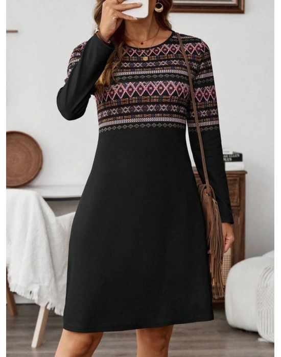Kadın Uzun Kollu Bisiklet Yaka Etnik Desenli Kısa şardonlu Dalgıç Elbise