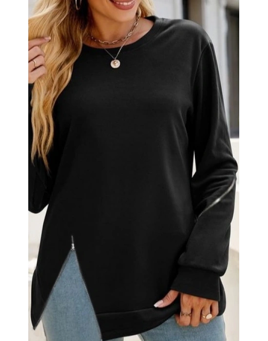 Kadın Uzun Kollu Bisiklet Yaka Fermuar Detay Iki Iplik Bluz