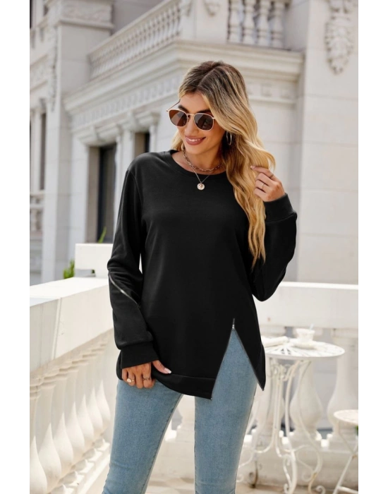 Kadın Uzun Kollu Bisiklet Yaka Fermuar Detay Iki Iplik Bluz