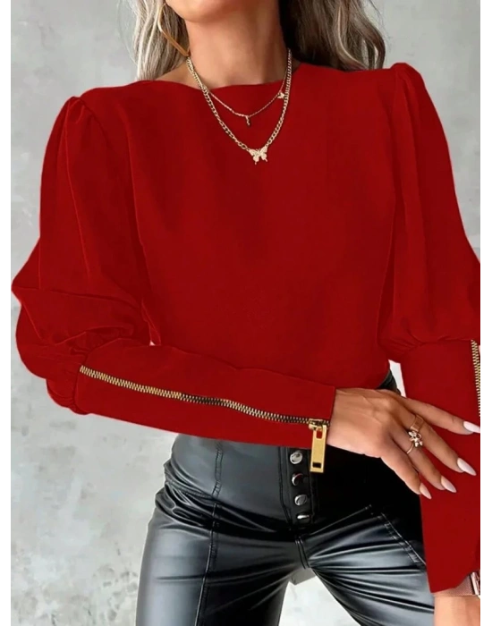 Kadın Uzun Kollu Bisiklet Yaka Fermuar Detaylı Ithal Krep Bluz