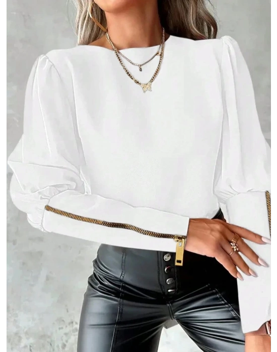 Kadın Uzun Kollu Bisiklet Yaka Fermuar Detaylı Ithal Krep Bluz