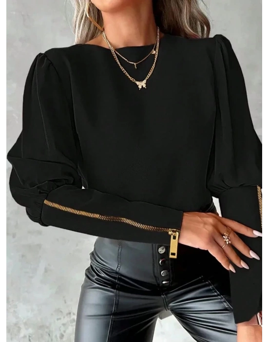 Kadın Uzun Kollu Bisiklet Yaka Fermuar Detaylı Ithal Krep Bluz