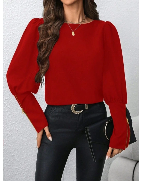 Kadın Uzun Kollu Bisiklet Yaka Fermuar Detaylı Ithal Krep Bluz