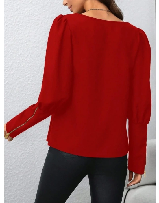 Kadın Uzun Kollu Bisiklet Yaka Fermuar Detaylı Ithal Krep Bluz