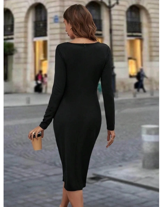 Kadın Uzun Kollu Bisiklet Yaka Fermuar Detaylı Yırtmaçlı Midi Krep Elbise