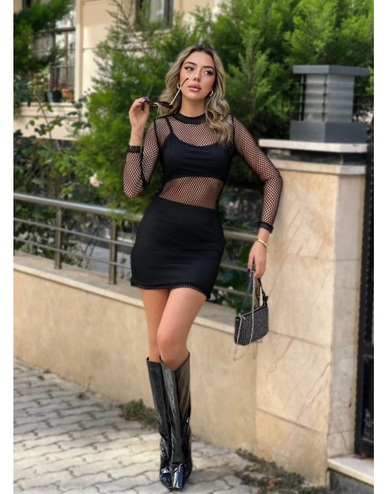 Kadın Uzun Kollu Bisiklet Yaka File Alt üst Dalgıç üçlü Takım