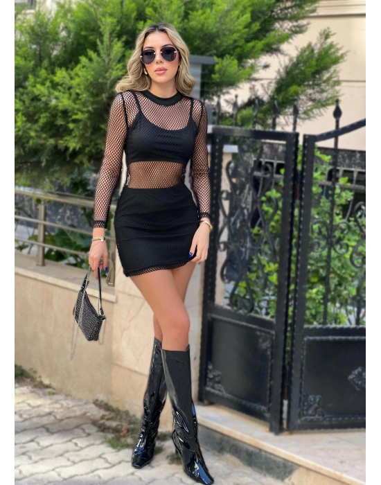 Kadın Uzun Kollu Bisiklet Yaka File Alt üst Dalgıç üçlü Takım