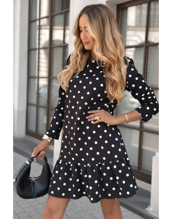 Kadın Uzun Kollu Bisiklet Yaka Fırfırlı Puantiyeli Kısa Modal Elbise