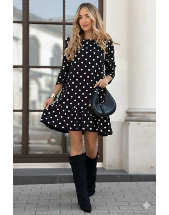 Kadın Uzun Kollu Bisiklet Yaka Fırfırlı Puantiyeli Kısa Modal Elbise