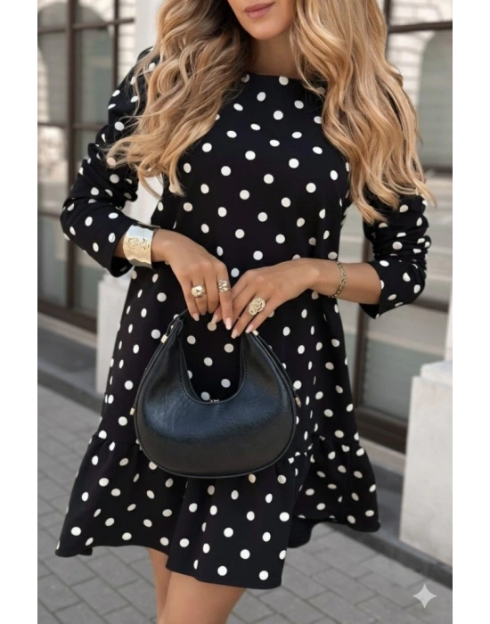 Kadın Uzun Kollu Bisiklet Yaka Fırfırlı Puantiyeli Kısa Modal Elbise