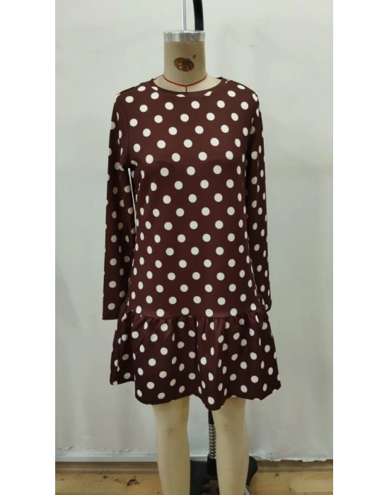 Kadın Uzun Kollu Bisiklet Yaka Fırfırlı Puantiyeli Kısa Modal Elbise