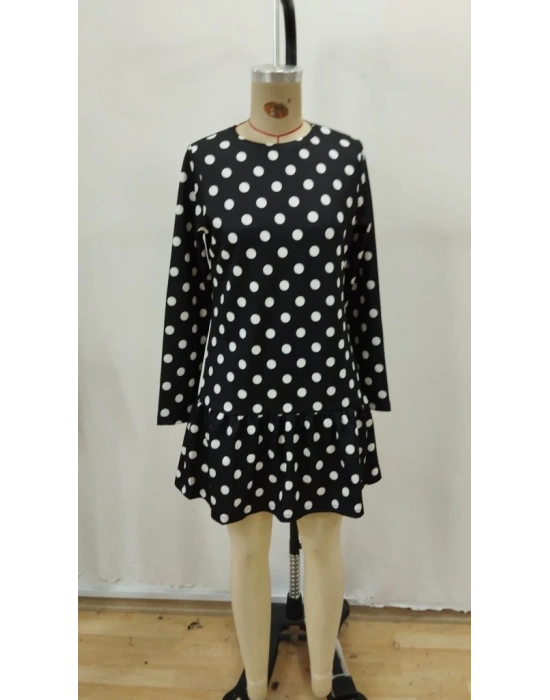 Kadın Uzun Kollu Bisiklet Yaka Fırfırlı Puantiyeli Kısa Modal Elbise