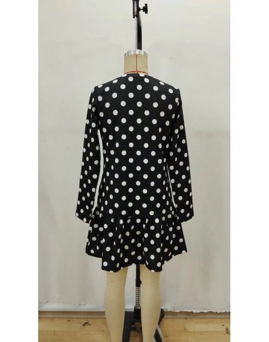 Kadın Uzun Kollu Bisiklet Yaka Fırfırlı Puantiyeli Kısa Modal Elbise