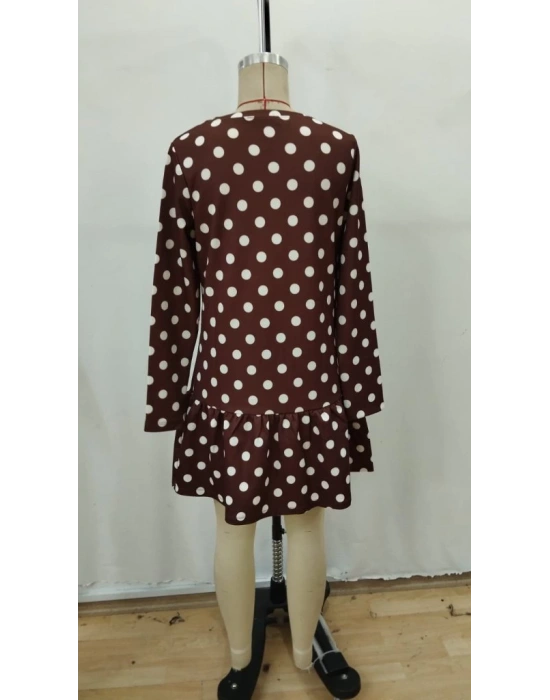 Kadın Uzun Kollu Bisiklet Yaka Fırfırlı Puantiyeli Kısa Modal Elbise