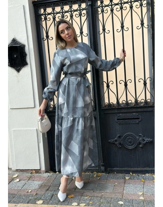 Kadın Uzun Kollu Bisiklet Yaka Geometrik Desen Baskılı Kuşak Dahil Maxi Boy Elbise