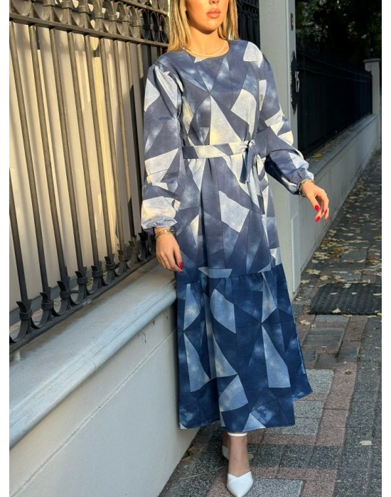 Kadın Uzun Kollu Bisiklet Yaka Geometrik Desen Baskılı Kuşak Dahil Maxi Boy Elbise