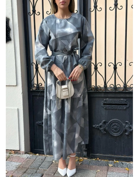 Kadın Uzun Kollu Bisiklet Yaka Geometrik Desen Baskılı Kuşak Dahil Maxi Boy Elbise